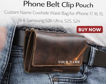 Personalized Leather Phone Belt Clip Pouch | Custom Name Cowhide Waist Bag for iPhone & Samsung