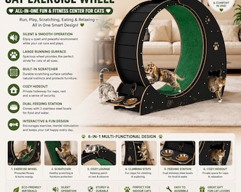 Handmade 6-in-1 Cat Exercise Wheel | Silent Treadmill, Scratcher, Feeder, Tree, Play Center