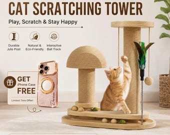 Handcrafted Cat Scratching Tower | Interactive Jute Scratch Post | Ball Track Cat Toy | Indoor Cat Exercise & Furniture