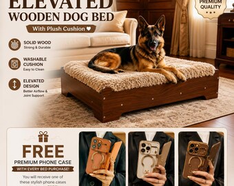 Handmade Elevated Wooden Dog Bed with Cushion | Modern Pet Furniture