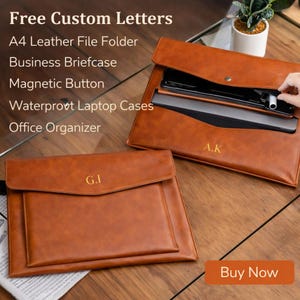 May include: Two brown leather A4 file folders and business briefcases with magnetic buttons. One is open, revealing a laptop and accessories. The text "Free Custom Letters" and product details are at the top. The folders are personalized with gold initials.