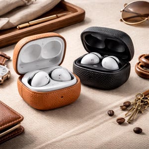 Może przedstawiać: Dwa zestawy bezprzewodowych słuchawek w otwartych etui. Jedno etui jest ze skóry brązowej, drugie czarne, teksturowane. Słuchawki są białe i srebrne. Inne akcesoria to zegarek, okulary przeciwsłoneczne i długopis.