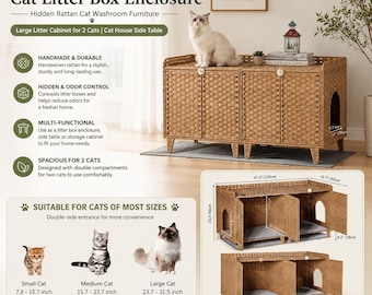 Handmade Double Cat Litter Box Enclosure | Rattan Cat Washroom Furniture, Side Table