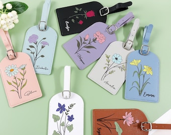 Personalized Vegan Leather Luggage Tag: Birth Flower Pattern, Travel Essential
