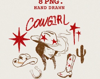 Cowgirl Energy, Hand Drawn Cowgirl Icons PNG, Western Chic Clipart, Digital Download