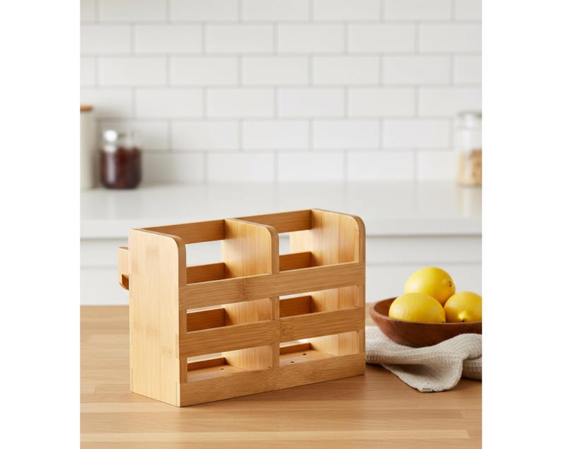 Puede incluir: Un organizador de bamb&uacute; marr&oacute;n claro con m&uacute;ltiples compartimentos. El organizador tiene forma rectangular con ranuras abiertas y est&aacute; dise&ntilde;ado para la cocina o la organizaci&oacute;n del hogar. Limones en un cuenco de madera est&aacute;n al lado.