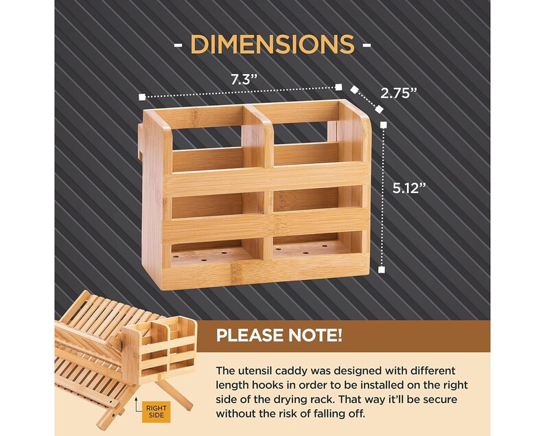 Puede incluir: Un organizador de utensilios de bamb&uacute; con dos compartimentos, que mide 18,5 cm de ancho, 7 cm de profundidad y 13 cm de alto. El organizador tiene un acabado de madera natural y est&aacute; dise&ntilde;ado para guardar utensilios. El texto "DIMENSIONS" y "PLEASE NOTE!" son visibles.