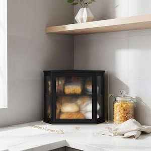 May include: Black corner cabinet with glass doors, designed for optimized corner fit. The cabinet is positioned on a white countertop, with a jar of pasta and a folded cloth nearby. A wooden shelf and a white vase are visible above.