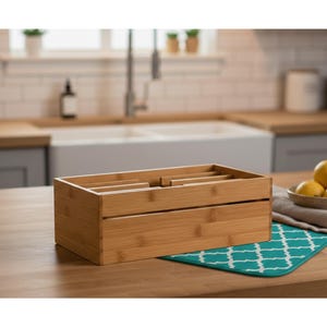 Puede incluir: Un organizador rectangular de utensilios de cocina de bamb&uacute; con m&uacute;ltiples compartimentos. El organizador est&aacute; sobre una encimera de madera, junto a una alfombrilla con estampado turquesa y blanco. Limones en un cuenco al fondo.