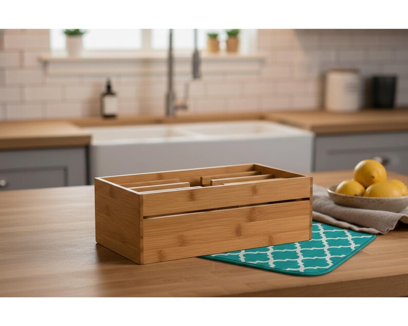 Puede incluir: Un organizador rectangular de utensilios de cocina de bamb&uacute; con m&uacute;ltiples compartimentos. El organizador est&aacute; sobre una encimera de madera, junto a una alfombrilla con estampado turquesa y blanco. Limones en un cuenco al fondo.