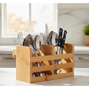 Puede incluir: Un organizador de cubiertos de bamb&uacute; lleno de tenedores, cucharas y cuchillos de acero inoxidable. El organizador tiene m&uacute;ltiples compartimentos y un asa lateral. Los cuchillos tienen mangos negros. El organizador est&aacute; sobre una encimera blanca.