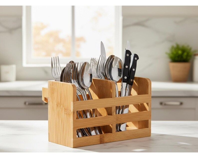 Puede incluir: Un organizador de cubiertos de bamb&uacute; lleno de tenedores, cucharas y cuchillos de acero inoxidable. El organizador tiene m&uacute;ltiples compartimentos y un asa lateral. Los cuchillos tienen mangos negros. El organizador est&aacute; sobre una encimera blanca.