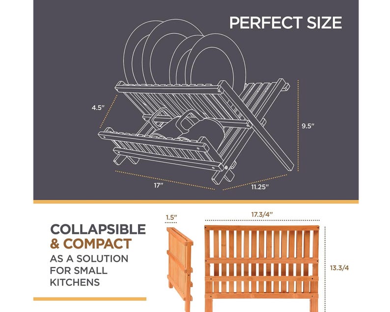 Puede incluir: Un escurreplatos de madera, mostrado en un diagrama, con dimensiones de 43 cm de largo, 24 cm de alto y 28,5 cm de ancho. Se muestra el texto "PERFECT SIZE". La imagen tambi&eacute;n muestra una versi&oacute;n plegada y el texto "COLLAPSIBLE & COMPACT AS A SOLUTION FOR SMALL KITCHENS."