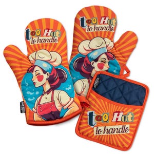 Too Hot To Handle Oven Mitt Set, Retro Kitchen Gift, Funny Chef Potholder Set