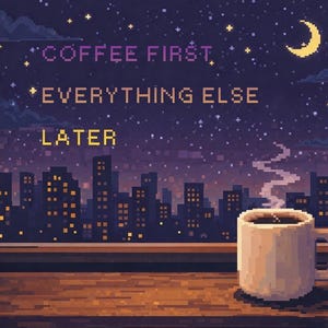 以下が含まれることがあります： 「Coffee First, Everything Else Later」のテキストが入った、夜の街並みを背景にした、湯気の立つコーヒーカップのピクセルアートイラスト。三日月と星が見えます。
