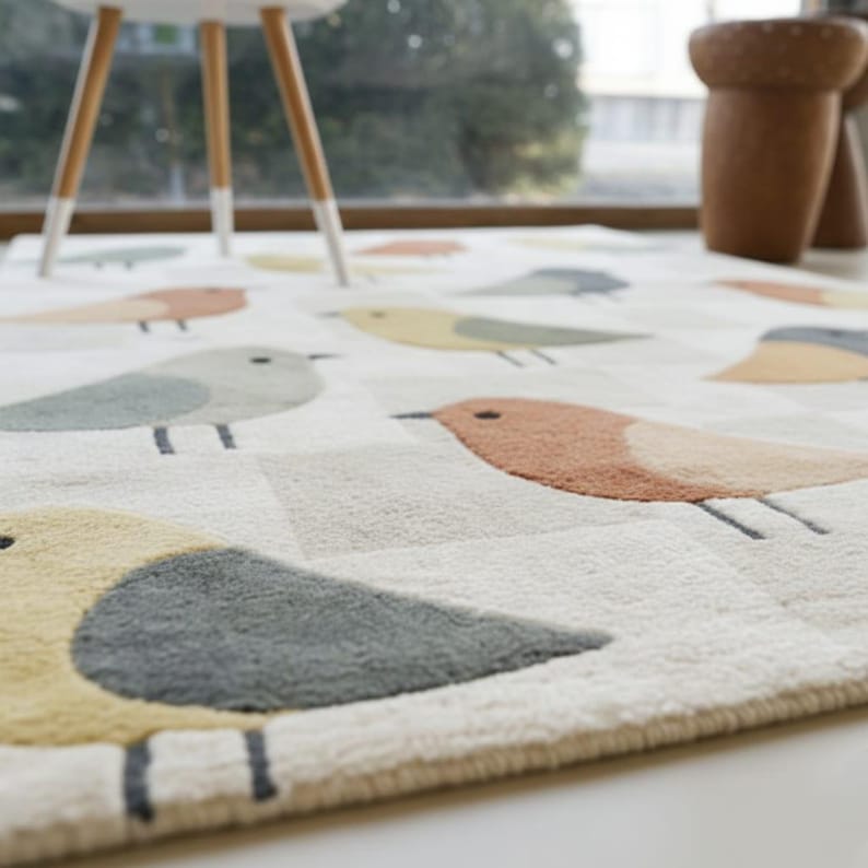 Hand Tufted Bird Area Rug – New Zealand Wool Modern Carpet – Cute Bird Pattern Nursery Rug – Scandinavian Kids Room Decor image 5