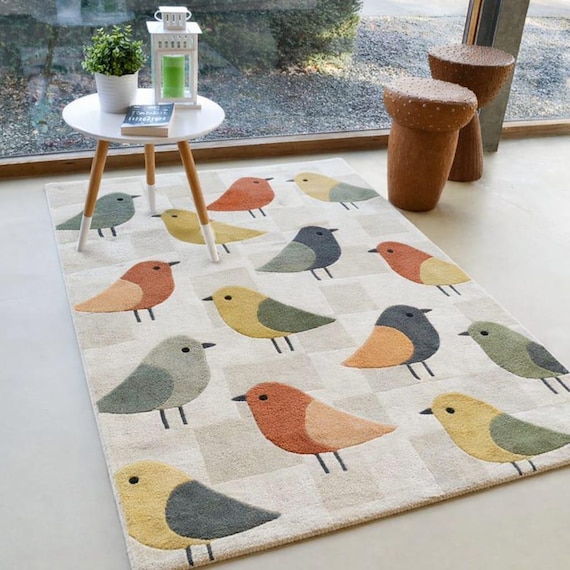 Hand Tufted Bird Area Rug – New Zealand Wool Modern Carpet – Cute Bird Pattern Nursery Rug – Scandinavian Kids Room Decor
