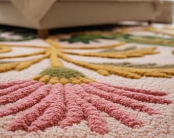 Alligator Floral Area Rug, Folk Art Animal Rug, Botanical Statement Carpet, Artistic Nature Rug, Handmade Style Living Room Rug