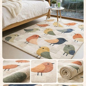 May include: Hand-tufted area rug made of New Zealand and blend wool. The rug features a repeating pattern of colorful birds in shades of orange, yellow, blue, and green on a neutral background. The rug is shown in a bedroom setting.