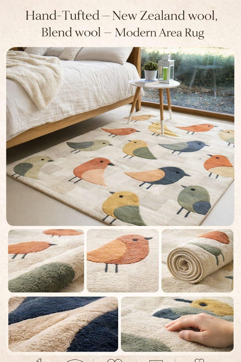 May include: Hand-tufted area rug made of New Zealand and blend wool. The rug features a repeating pattern of colorful birds in shades of orange, yellow, blue, and green on a neutral background. The rug is shown in a bedroom setting.