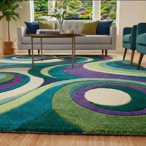 Abstract Geometric Hand Tufted Rug, Modern Circle Pattern Area Rug, Blue Green Purple Contemporary Carpet, Living Room Decor Rug