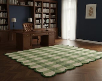 Green Gingham Area Rug – Scalloped Edge Checkered Carpet – Farmhouse Preppy Floor Rug – Sage Green Cottagecore Home Decor