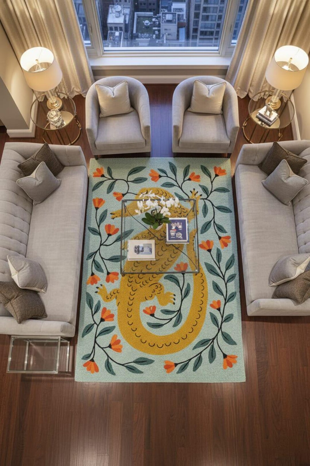 Anteater Rug Alligator Floral Area Rug, Crocodile Folk Art Rug, Botanical Animal Rug ...