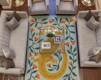Alligator Floral Area Rug, Crocodile Folk Art Rug, Botanical Animal Rug, Nature Inspired Statement Rug, Handmade Style Living Room Carpet