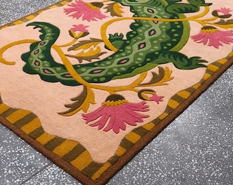 Vintage Crocodile Floral Area Rug, Folk Art Botanical Carpet, Maximalist Statement Rug, Pink Green Nature Inspired Hand Tufted Rug