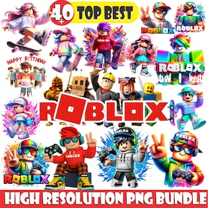 May include: A colourful digital graphic showcasing Roblox characters and logos. The image includes the text "40 TOP BEST" and "HIGH RESOLUTION PNG BUNDLE". Various characters are shown with skateboards, controllers, and birthday themes.