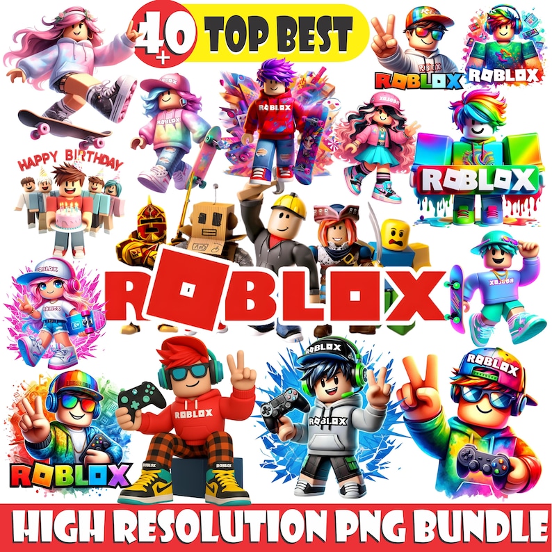 May include: A colourful digital graphic showcasing Roblox characters and logos. The image includes the text "40 TOP BEST" and "HIGH RESOLUTION PNG BUNDLE". Various characters are shown with skateboards, controllers, and birthday themes.