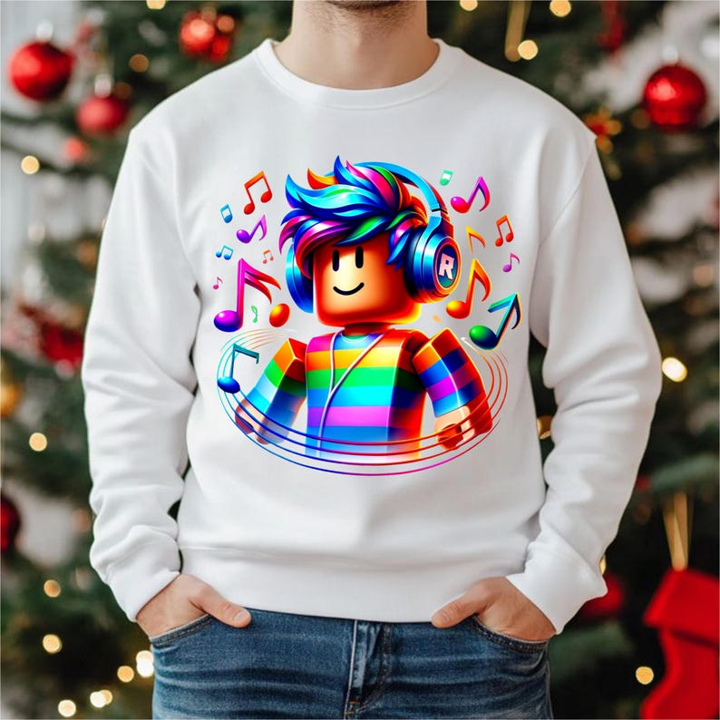 May include: White sweatshirt with a vibrant graphic of a character wearing headphones and musical notes. The character has a rainbow-colored body and hair. The design is bright and colourful, ideal for music enthusiasts.