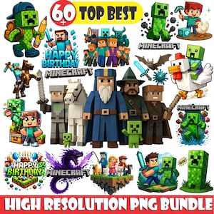 May include: A collection of Minecraft-themed PNG graphics. The image features various characters, creatures, and logos from the game, including a Creeper, Steve, and a dragon. Text includes "60 TOP BEST", "HAPPY BIRTHDAY MINECRAFT", and "HIGH RESOLUTION PNG BUNDLE".