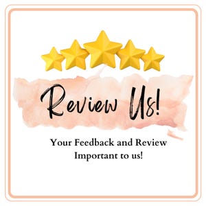 May include: A square graphic with a peach-coloured watercolour wash and five yellow stars. The words "Review Us!" are written in elegant black script. Below, the text reads, "Your Feedback and Review Important to us!"
