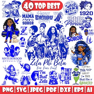 Peut inclure: Une collection de graphiques de la sororité Zeta Phi Beta bleus et blancs. L'image comprend des illustrations de femmes, du texte et divers éléments de conception. Le texte comprend des phrases telles que "Zeta Phi Beta", "Fine Finer Finest" et "1920."