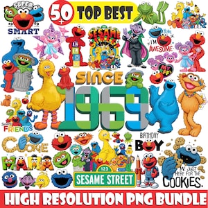 May include: A colorful digital collage featuring Sesame Street characters, including Elmo, Big Bird, and Cookie Monster. The image includes the text "50 TOP BEST" and "Since 1969", along with other phrases and characters from the show.