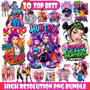 May include: A vibrant digital art bundle featuring K-pop-themed illustrations. The collection includes various character designs, logos, and text elements such as "HUNTRIX," "KPOP," and "DEMON HUNTERS." The overall design is colorful, with a mix of pink, blue, and yellow hues. The text "30 TOP BEST" is also present.