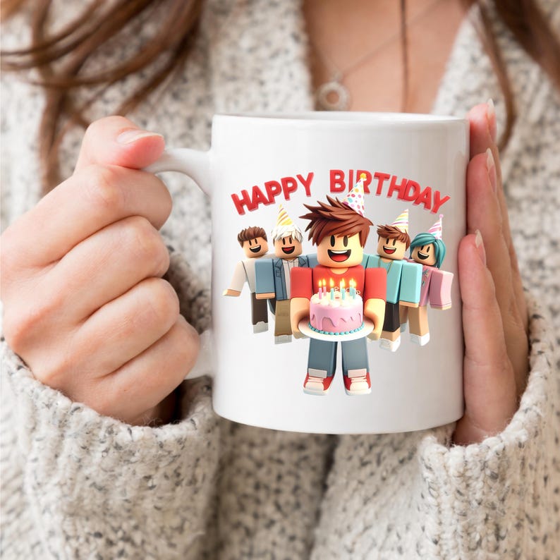 May include: White ceramic mug with the words "HAPPY BIRTHDAY" in red. The mug features a cartoon graphic of several figures, one holding a pink cake with lit candles. The figures are wearing party hats.