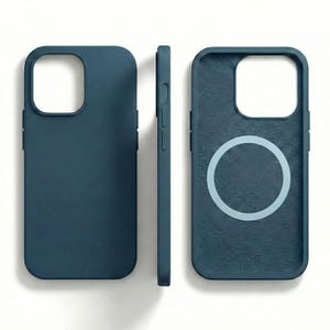 May include: A teal-colored phone case, shown from three angles: front, side, and interior. The front has a camera cutout and button indentations. The side view shows the case's slim profile. The interior features a white circular design.