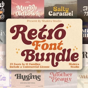 May include: An image presents a retro font bundle, with a central graphic reading "Retro Font Bundle" in a bold, stylized font. The image showcases various font styles and includes the text "23 Fonts In 12 Families Include a Commercial License."