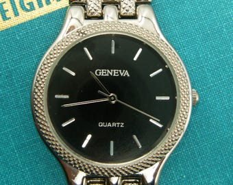 Geneva Silver Tone Black Face Ladies Dress Watch Like New
