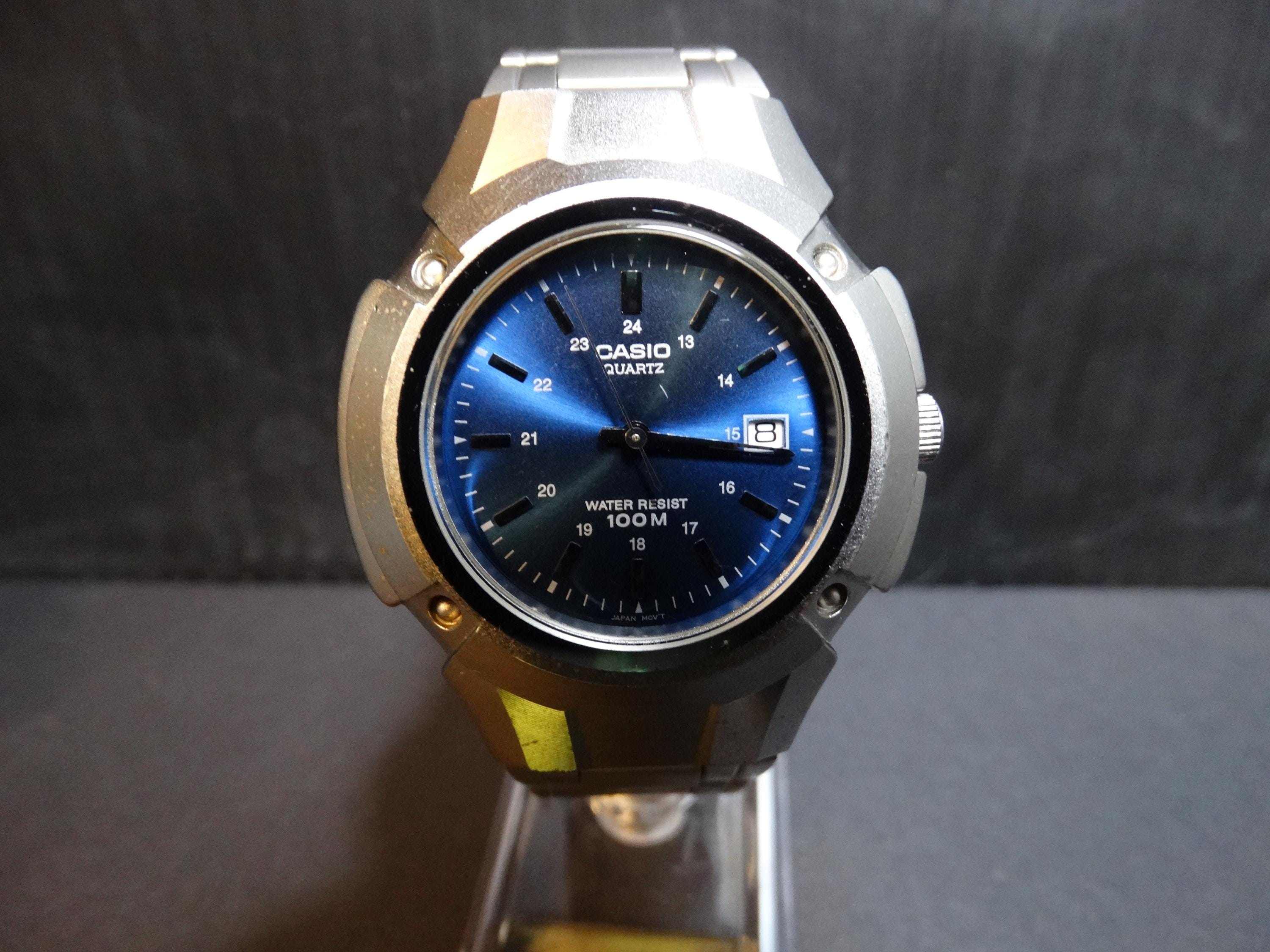 Casio Watch Men Rare 42mm Silver Tone Date Blue Dial Date MTP3036