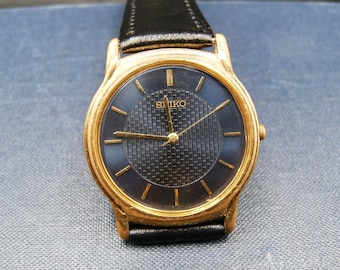 Rare Seiko V701-A100 Blue Dial Baton Leather Dress Watch Refurbished Gift For Him