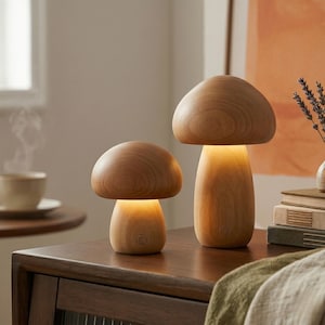 Abajur de mesa em formato de cogumelo de madeira | Luminária de cabeceira minimalista | Luminária noturna de madeira com luz suave