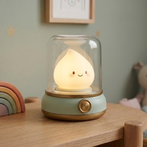 May include: A cute, soft-glowing night light with a smiling, teardrop-shaped light inside a clear glass dome. The base is mint green with gold trim and a gold button. The lamp sits on a wooden surface.