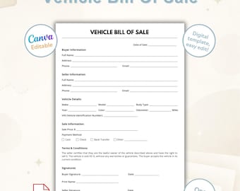 Sjabloon verkoopfactuur voertuig bewerkbaar in canva | Afdrukbaar formulier verkoopfactuur auto | Overeenkomst automatische verkoop | A4 US Letter (pdf)