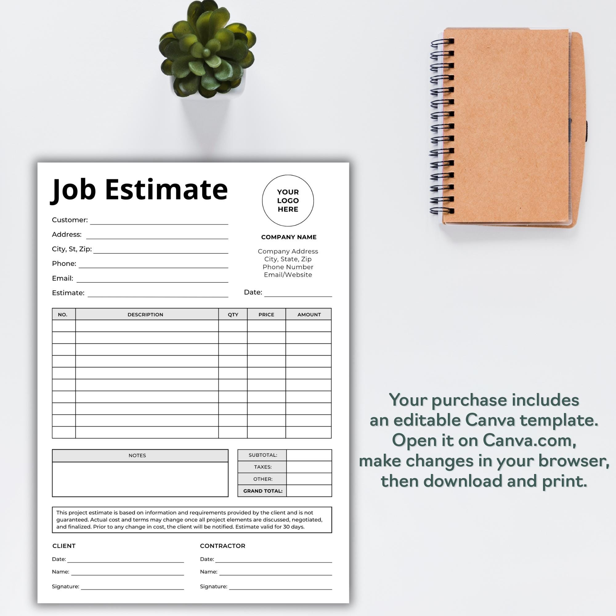 Job Estimate Template Canva Editable | Work Estimate Form ...
