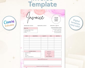 Modello di fattura Canva modificabile / Modulo di fattura dal layout moderno e pulito per piccole imprese, formato A4 e lettera USA, download digitale