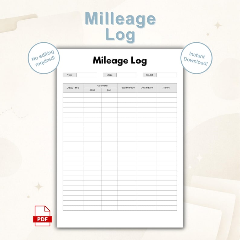 Mileage Log Printable PDF for Small Business| Vehicle Mileage Tracker ...
