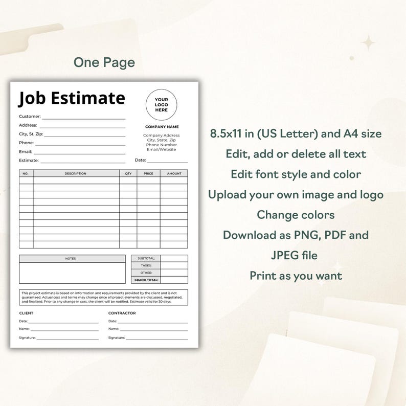 Job Estimate Template Canva Editable | Work Estimate Form ...